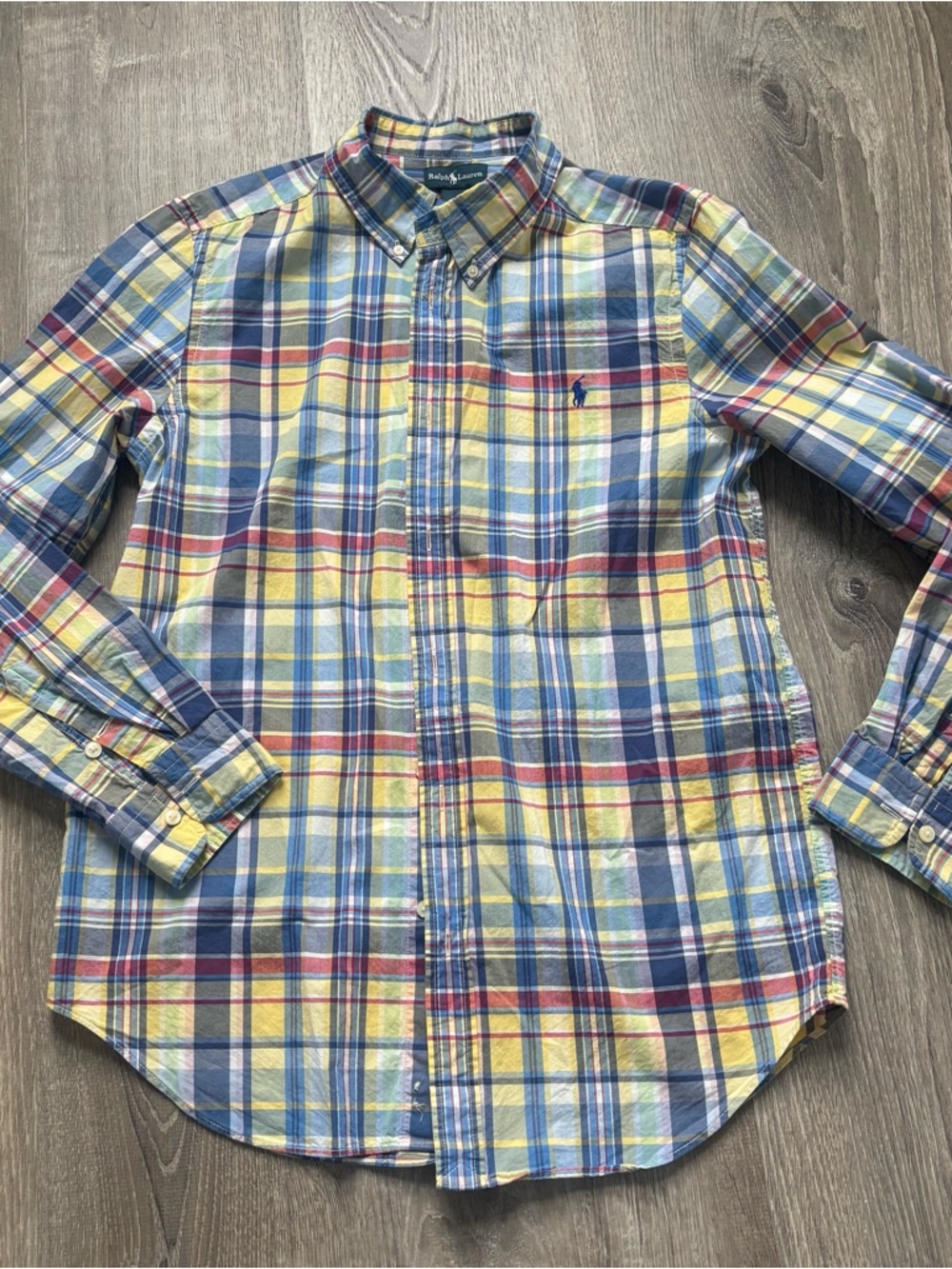 Ralph Lauren Boys Yellow/Blue Plaid Button-Down Shirt size XL (18/20)